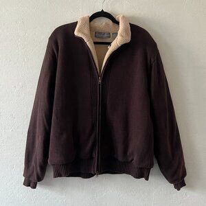 Oscar De La Renta Brown Cotton Faux Shearling Zip Knit Cardigan Jacket NWT